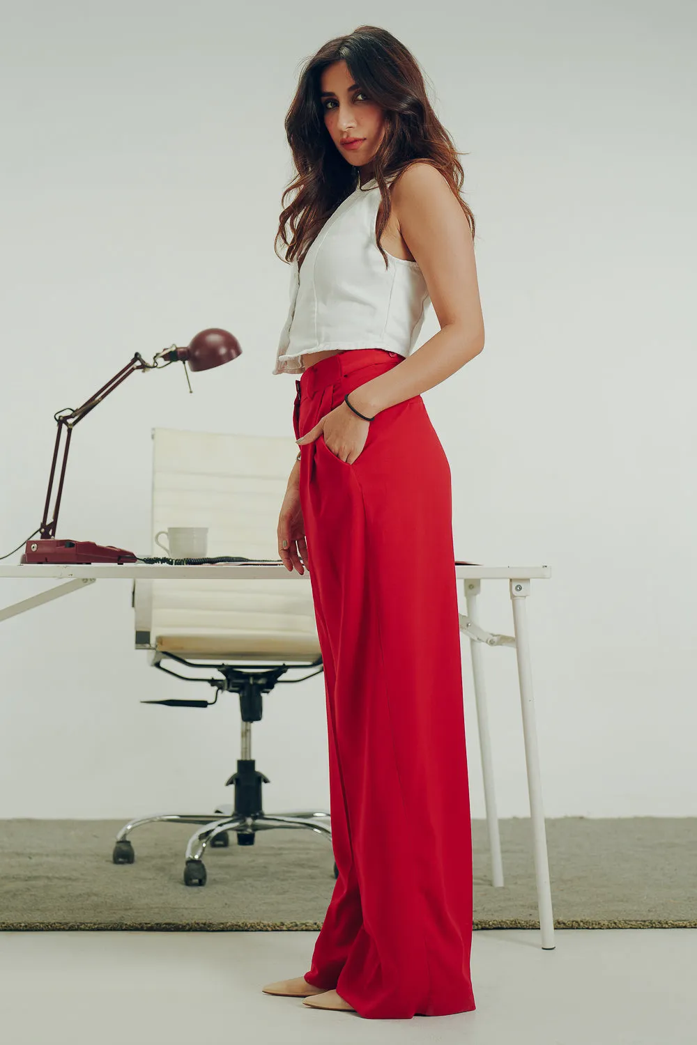 Classic Red Pleated Korean Pants