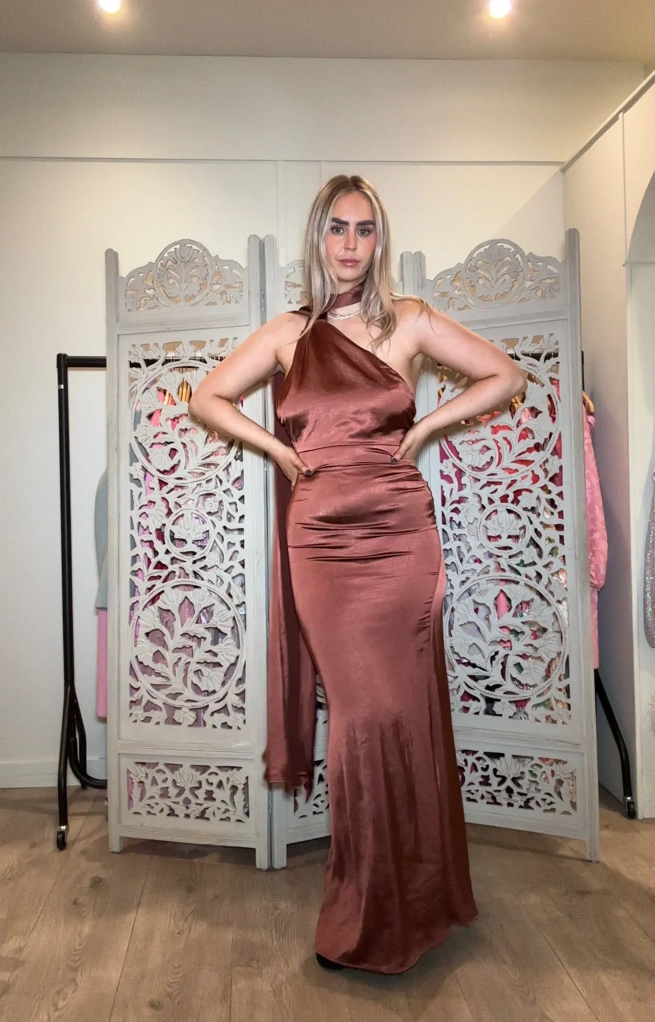 Club L London Mademoiselle Rust Satin Maxi Dress