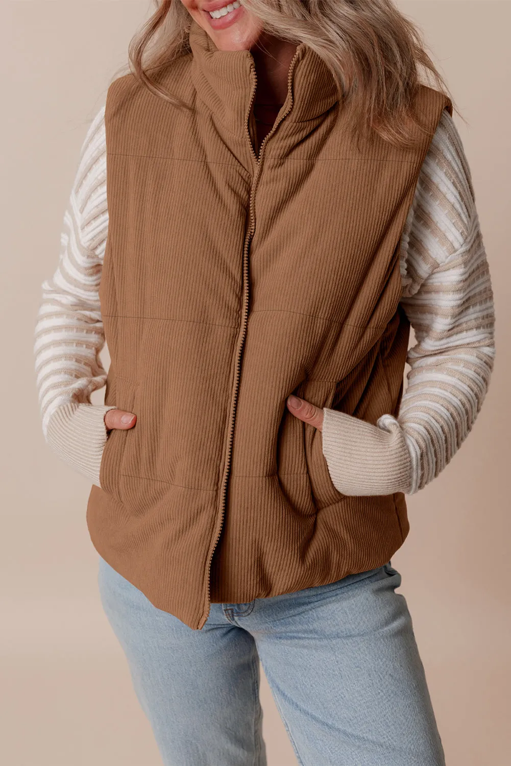 Coffee Corduroy Stand Neck Zipped Puffer Vest