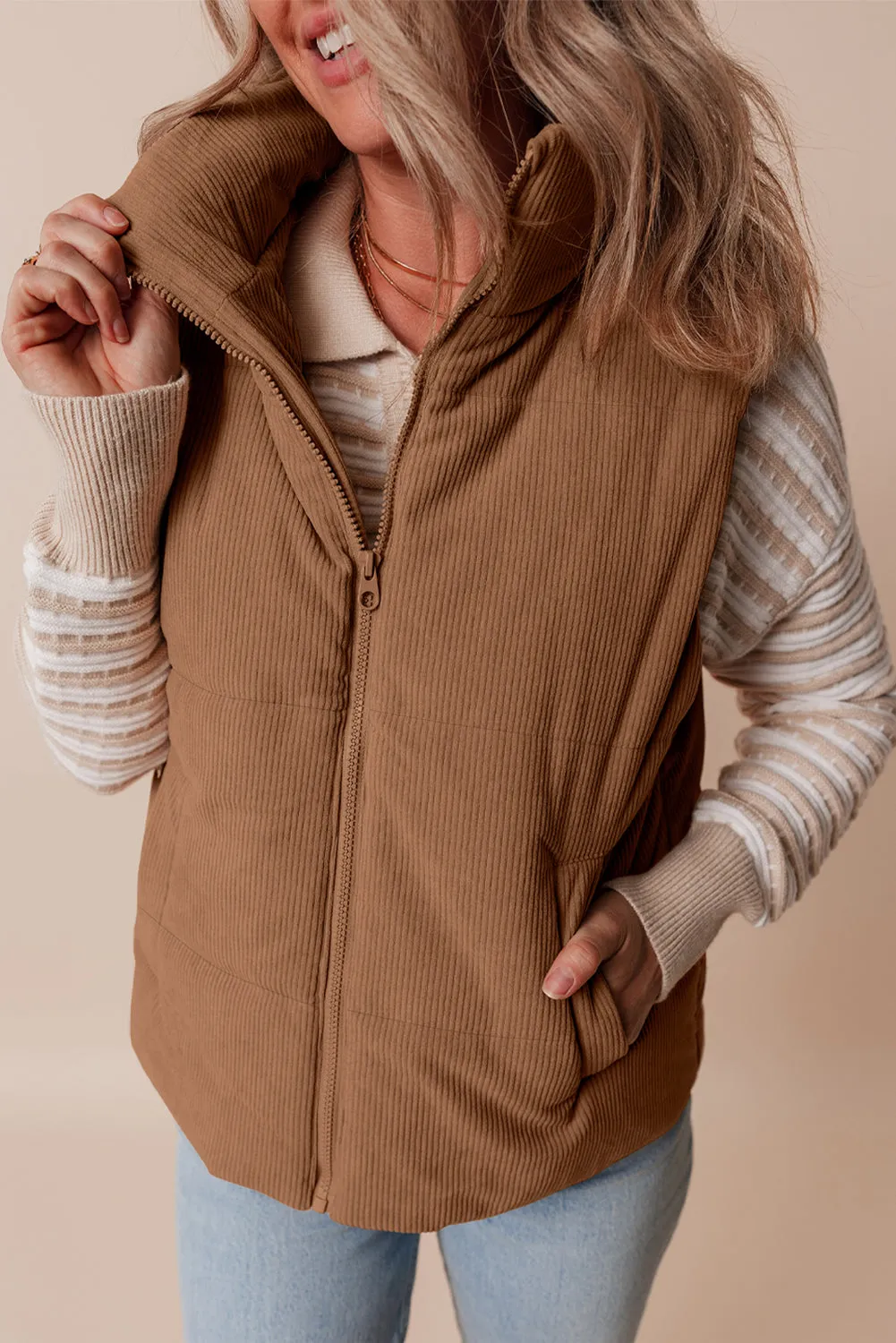 Coffee Corduroy Stand Neck Zipped Puffer Vest