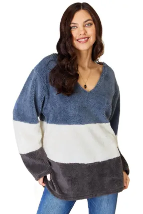 Culture Code Faux Fur Color Block V-Neck Sweater