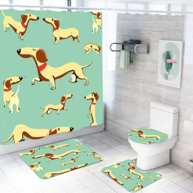 Cute Dog Bathroom Rug & Shower Curtain Sets (Set of 3 & Set of 4)