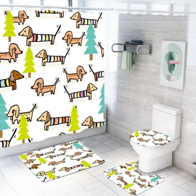 Cute Dog Bathroom Rug & Shower Curtain Sets (Set of 3 & Set of 4)