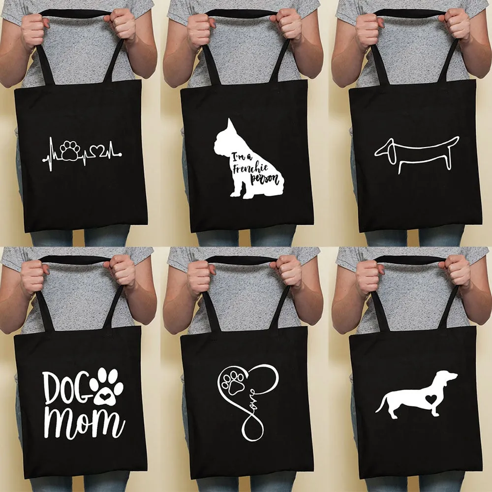 Cute Dog Black Canvas Tote Bag