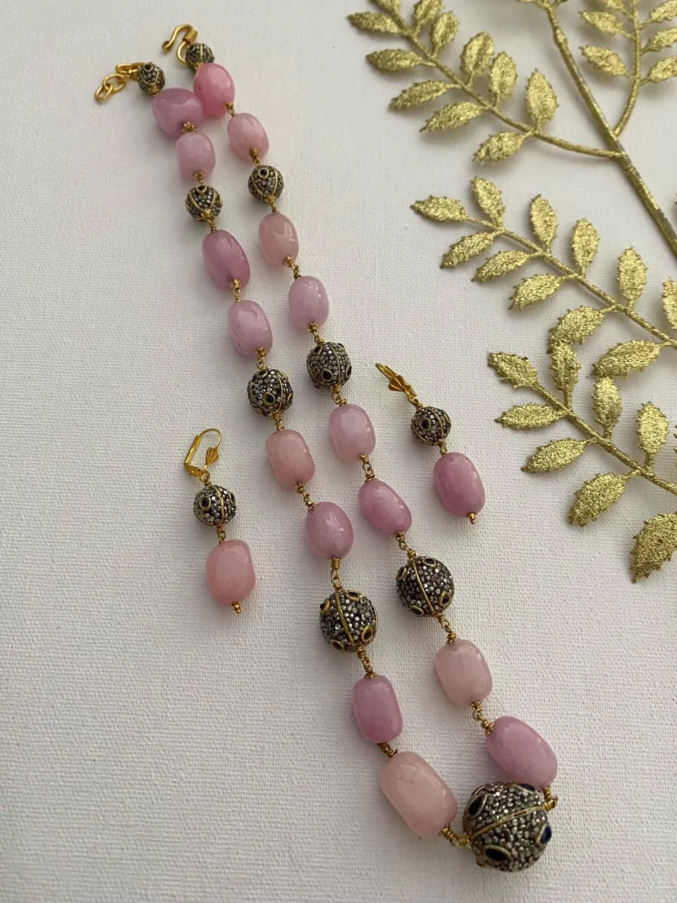 Designer Semi Precious Long Rose Quartz Beaded Necklace By Gehna Shop