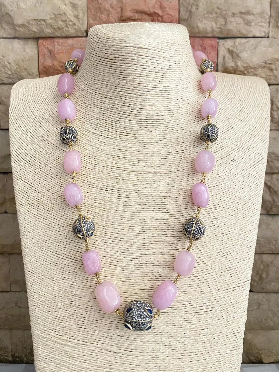 Designer Semi Precious Long Rose Quartz Beaded Necklace By Gehna Shop