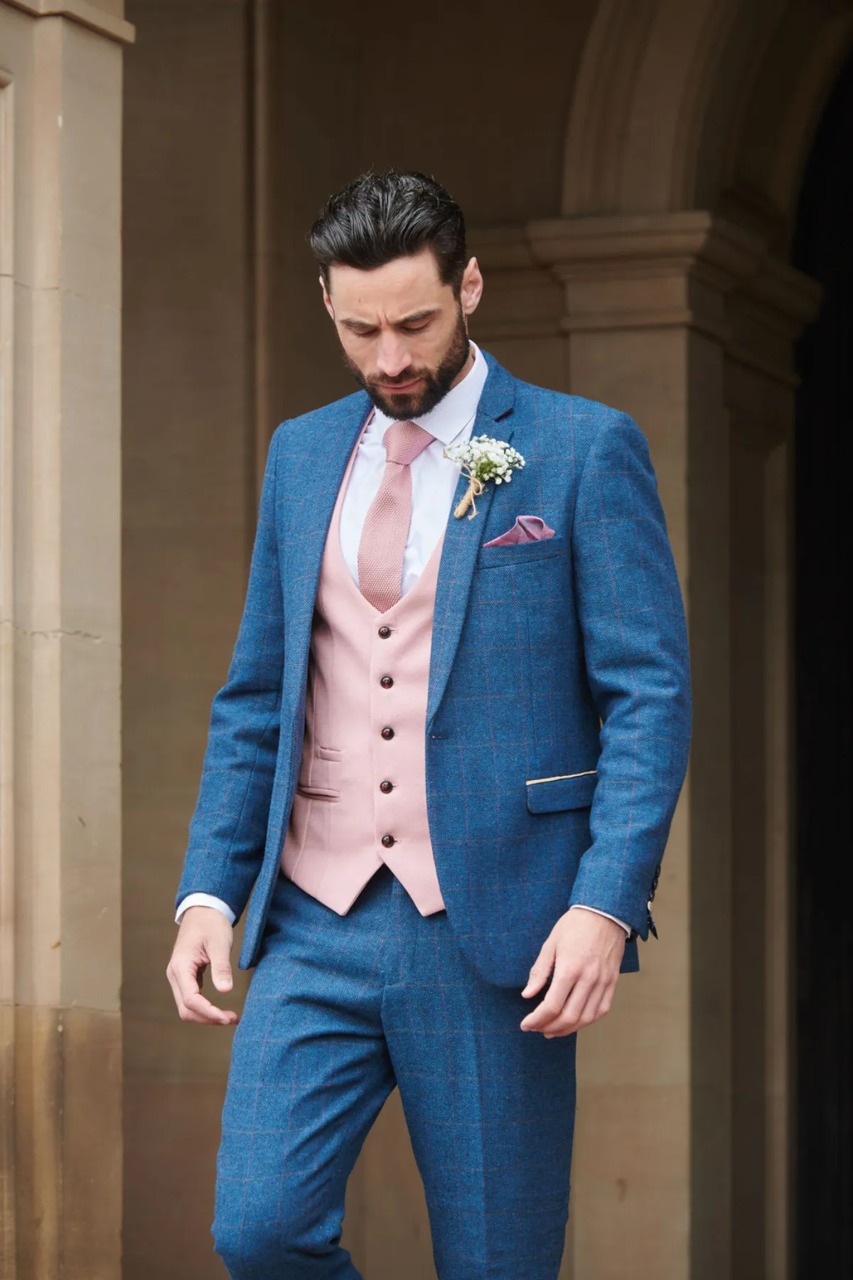 DION - Blue Tweed Check Suit With Kelvin Pink Waistcoat