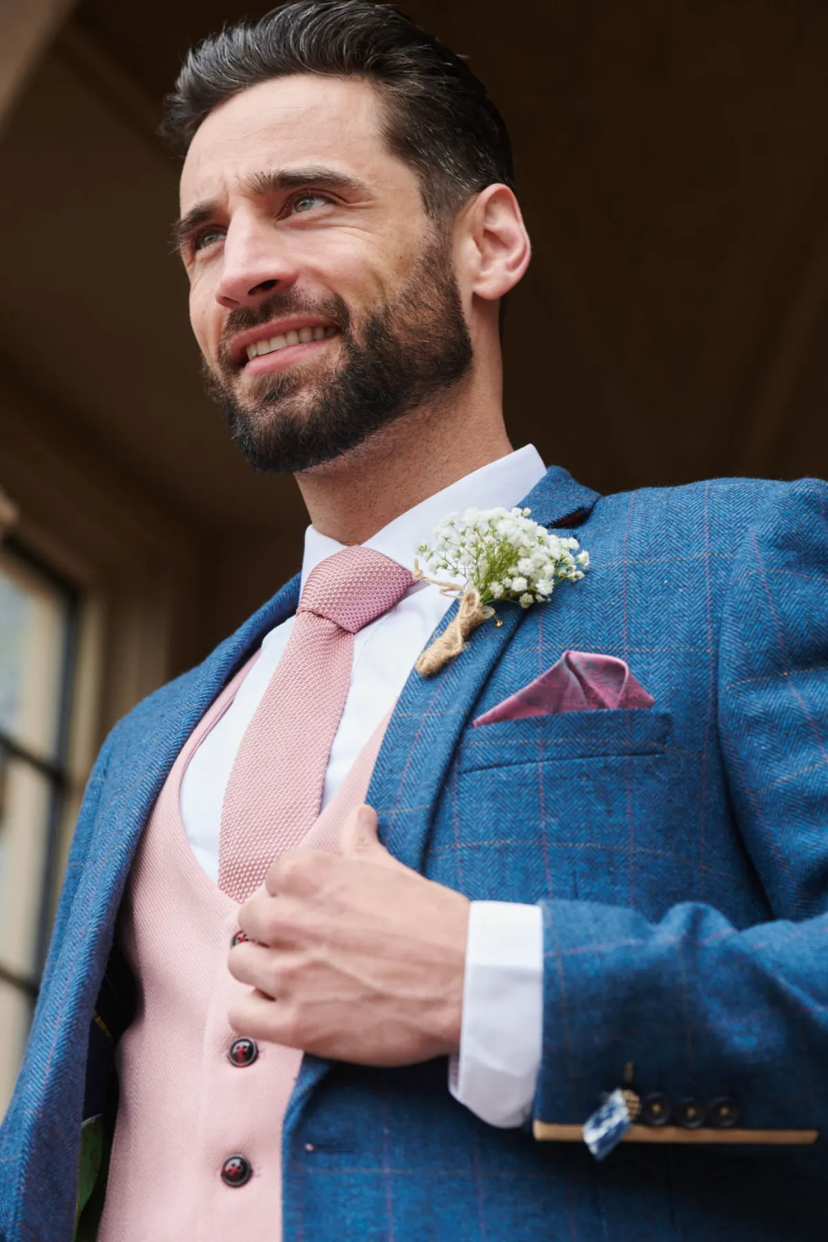 DION - Blue Tweed Check Suit With Kelvin Pink Waistcoat