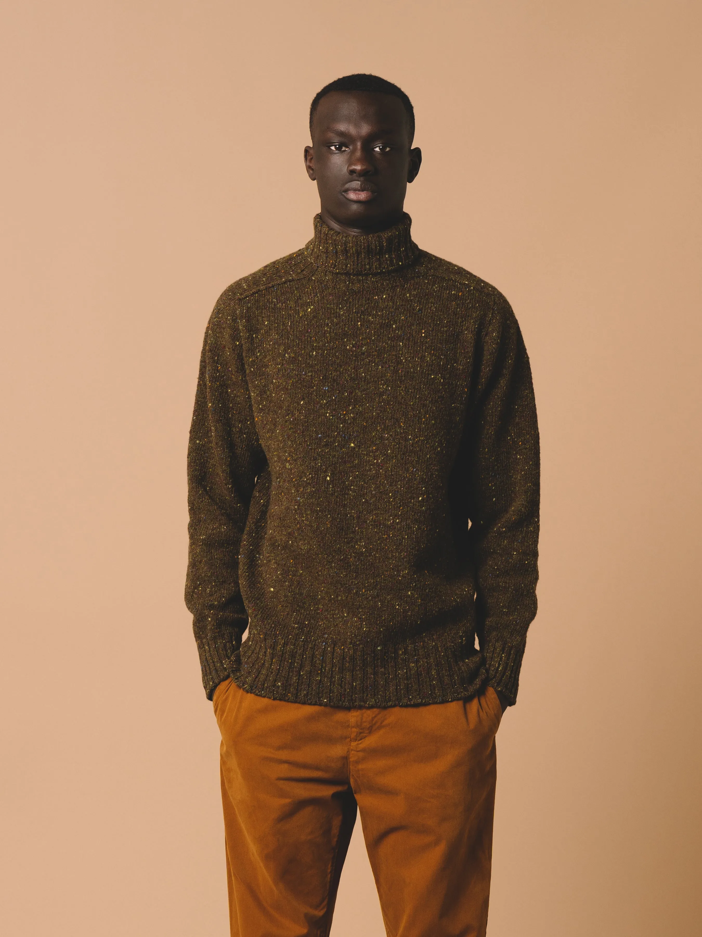 Donegal Roll Neck in Dark Olive Pure Merino Wool