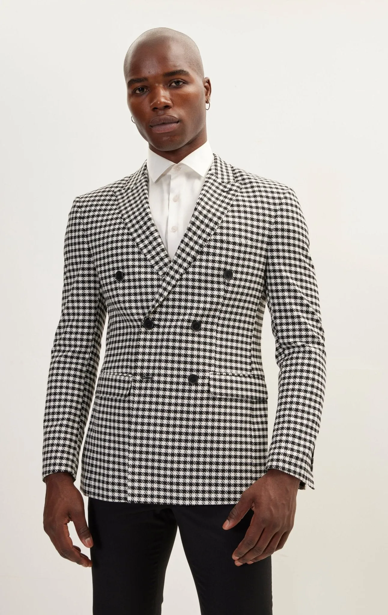 Double-Breasted Houndstooth Suit With Black Pants