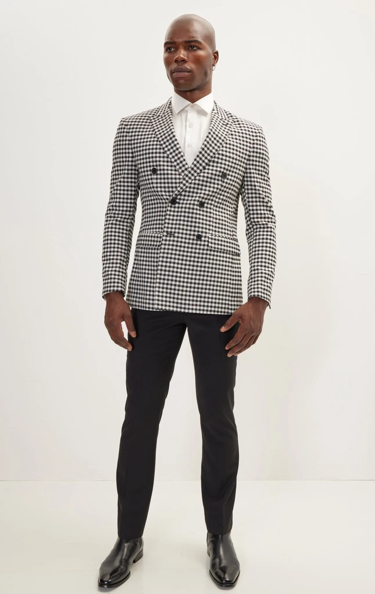 Double-Breasted Houndstooth Suit With Black Pants