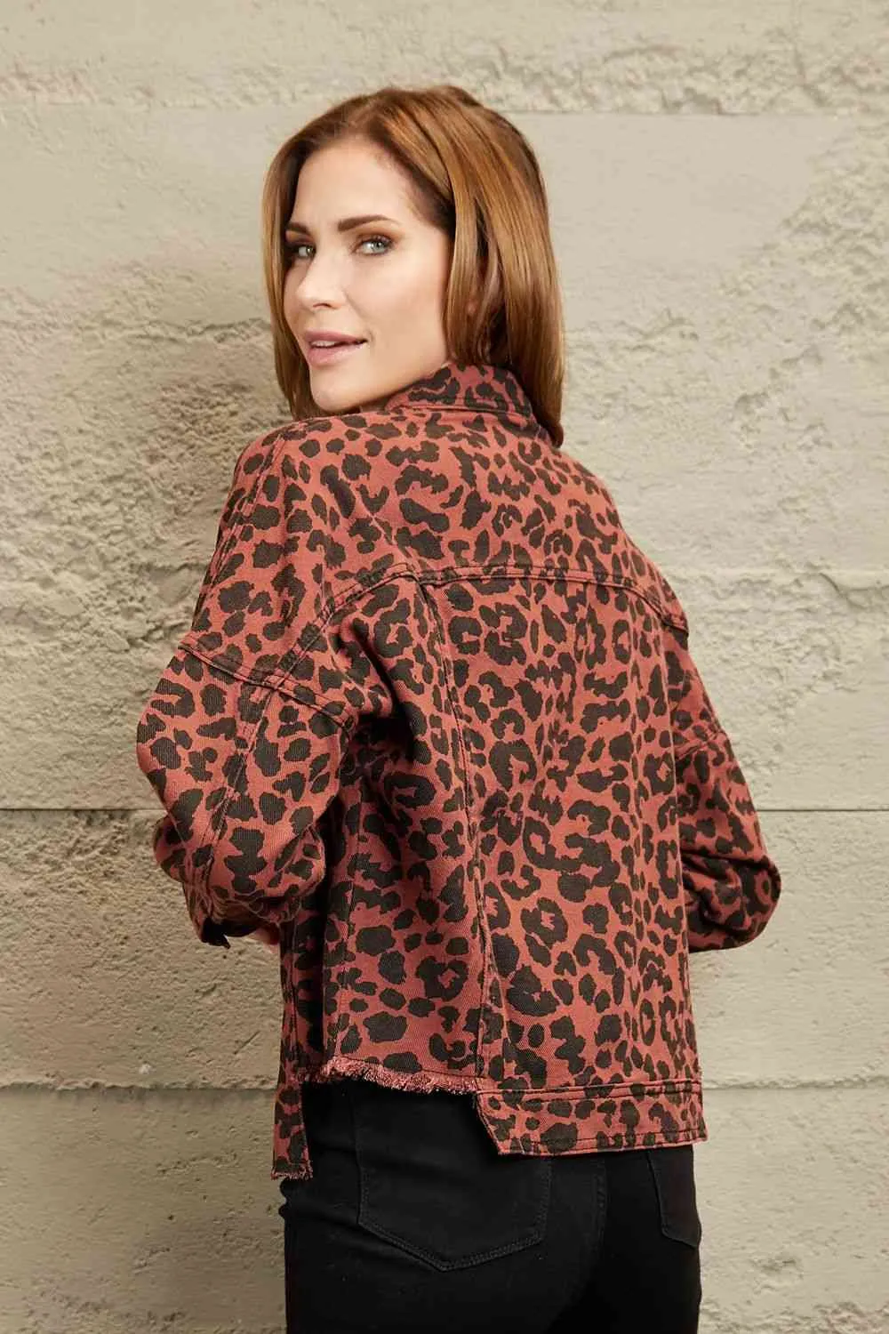 Double Take Leopard Print Raw Hem Jacket