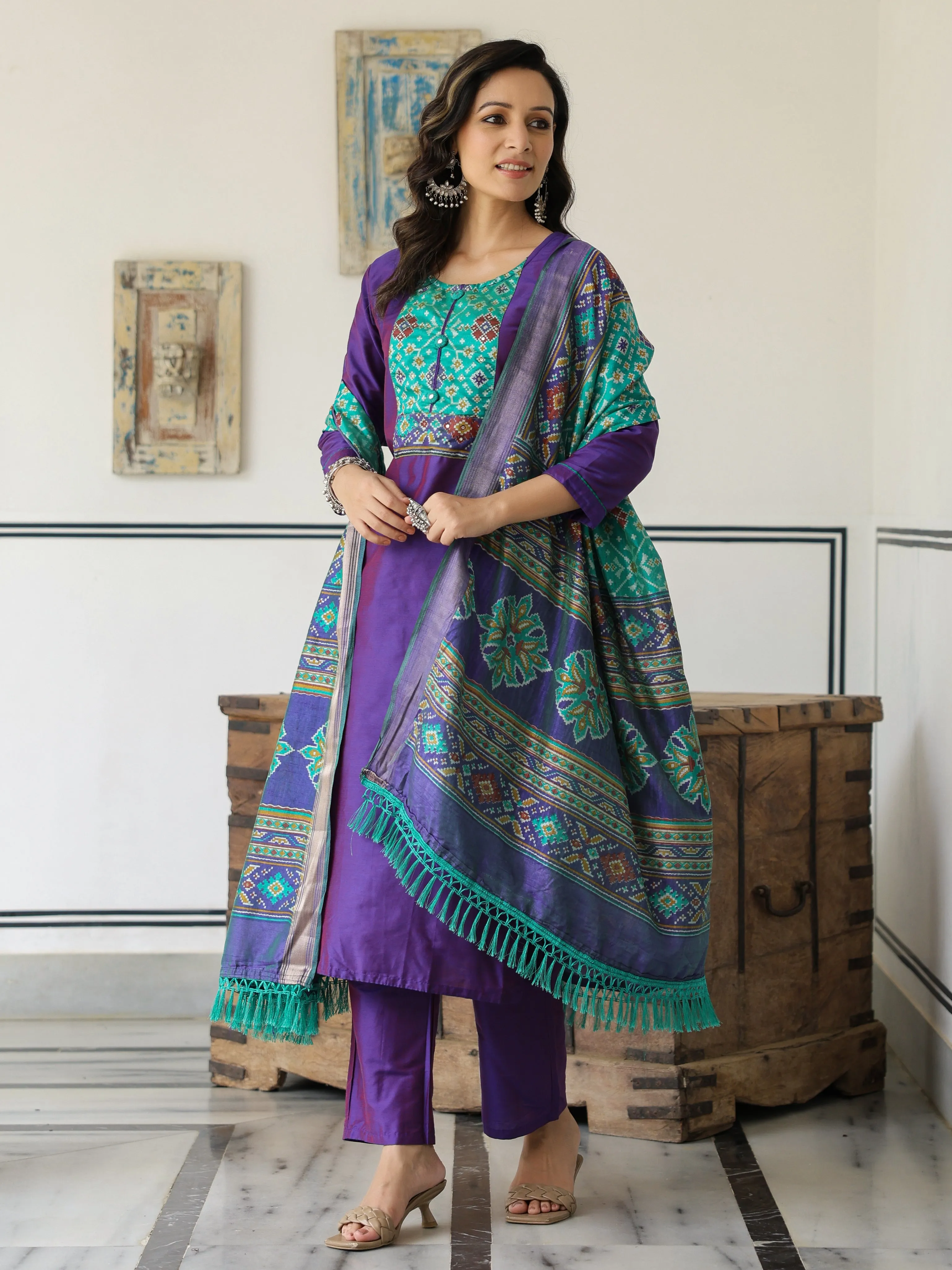 Dual Tone Straight Printed Kurta with Pant & Patola Printed Dupatta - Purple