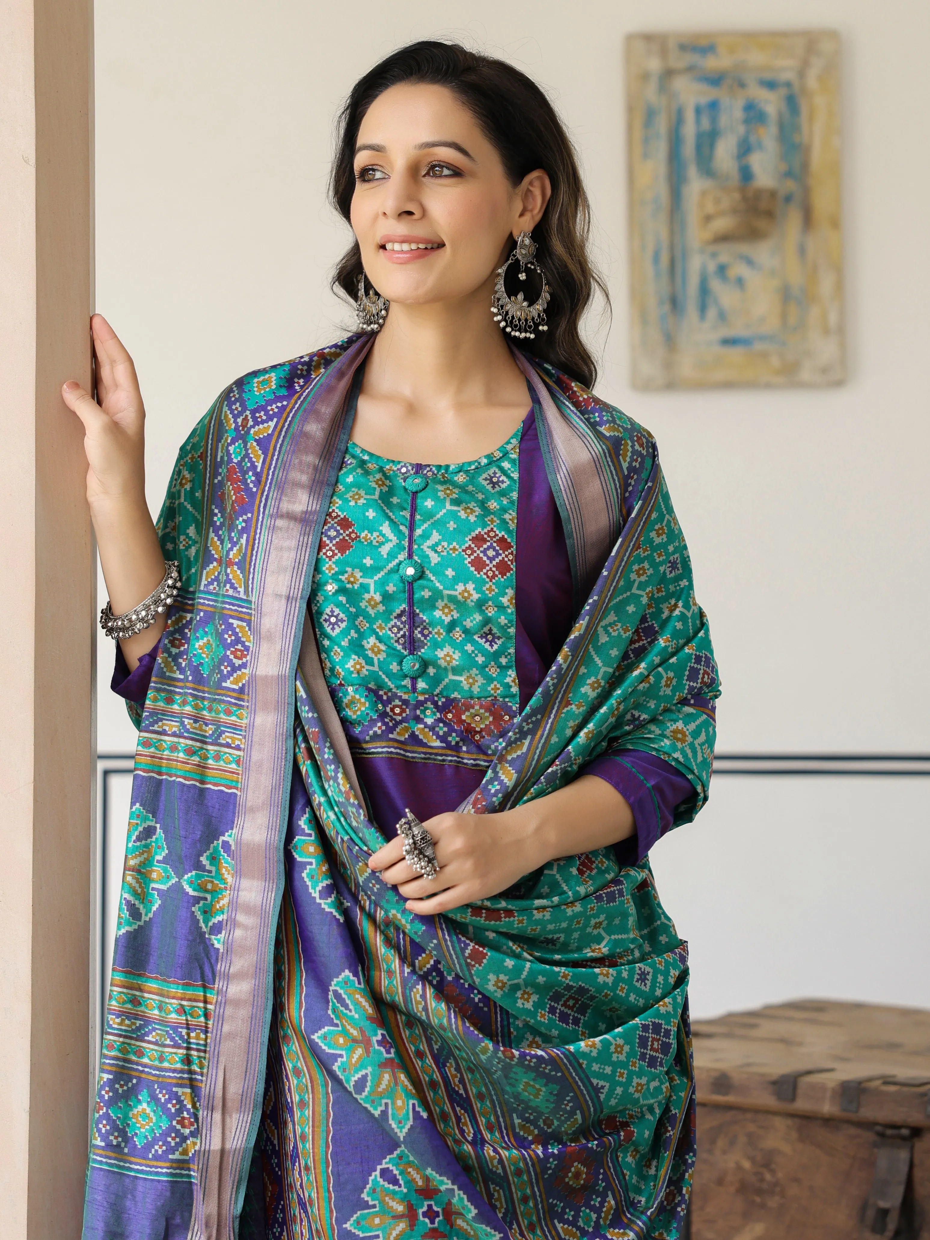 Dual Tone Straight Printed Kurta with Pant & Patola Printed Dupatta - Purple