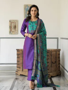 Dual Tone Straight Printed Kurta with Pant & Patola Printed Dupatta - Purple