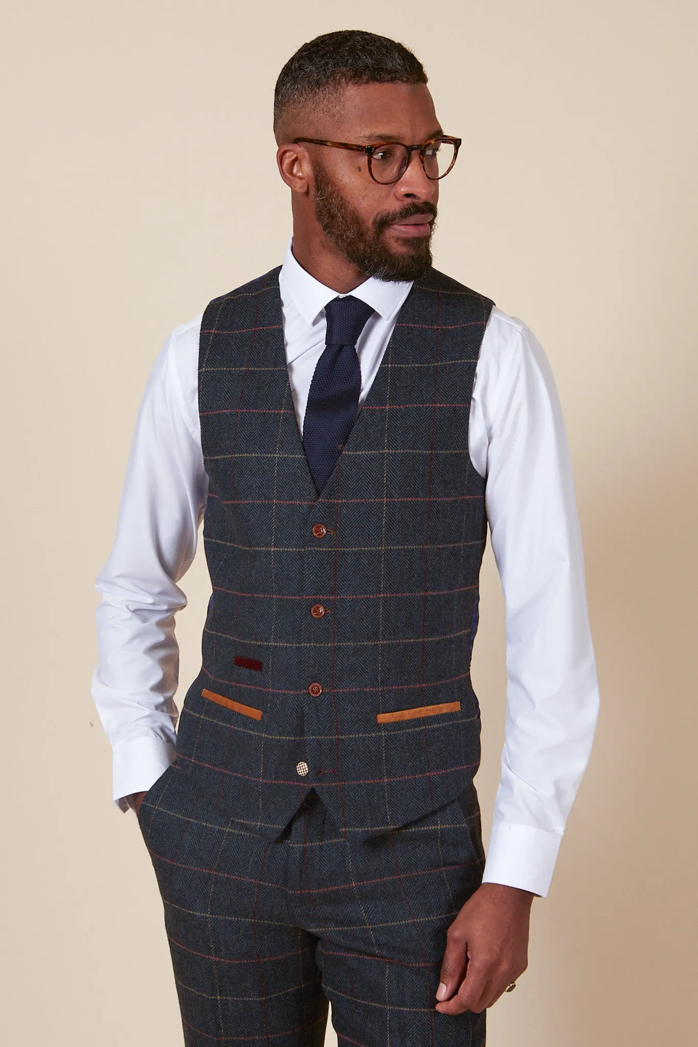 ETON - Single Breasted Navy Blue Tweed Check Waistcoat