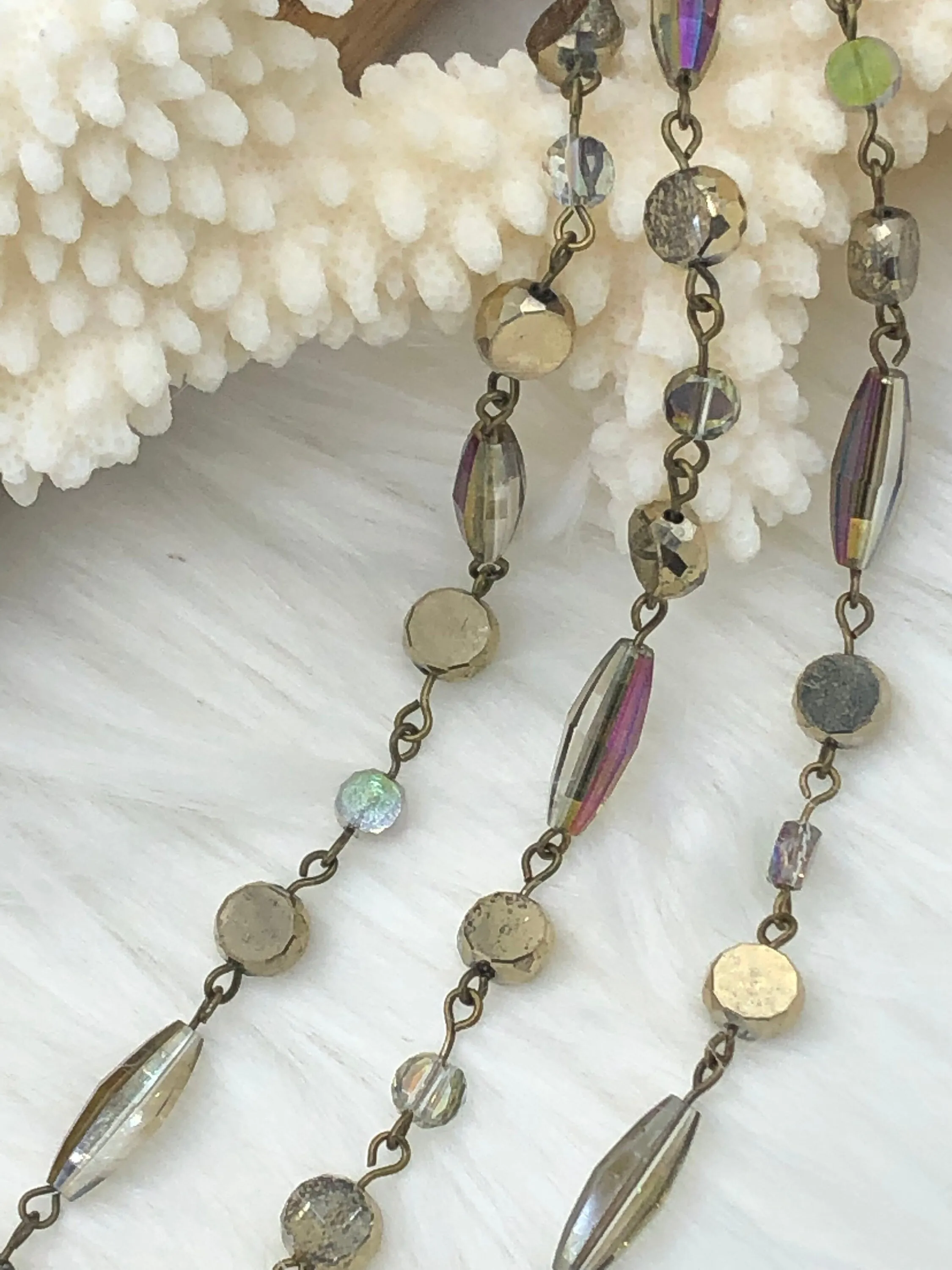 Faceted Crystal AB Gold Iridescent Diamond and Flat Round Gold mixed shape Rosary, Glass Beads,Beaded Chain Bronze Pin by the Foot Fast Ship