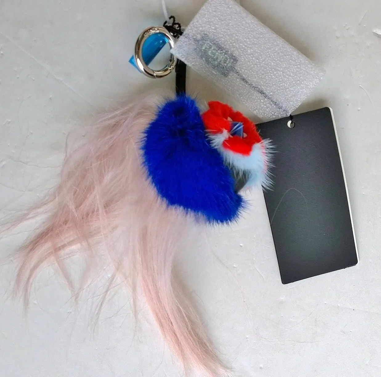 Fendi Flowery Red and Blue Fur Bag Charm handbag keychain