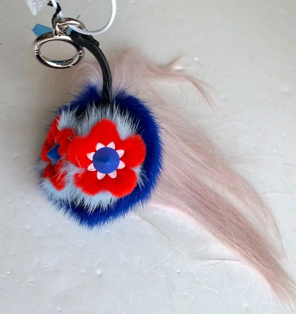 Fendi Flowery Red and Blue Fur Bag Charm handbag keychain