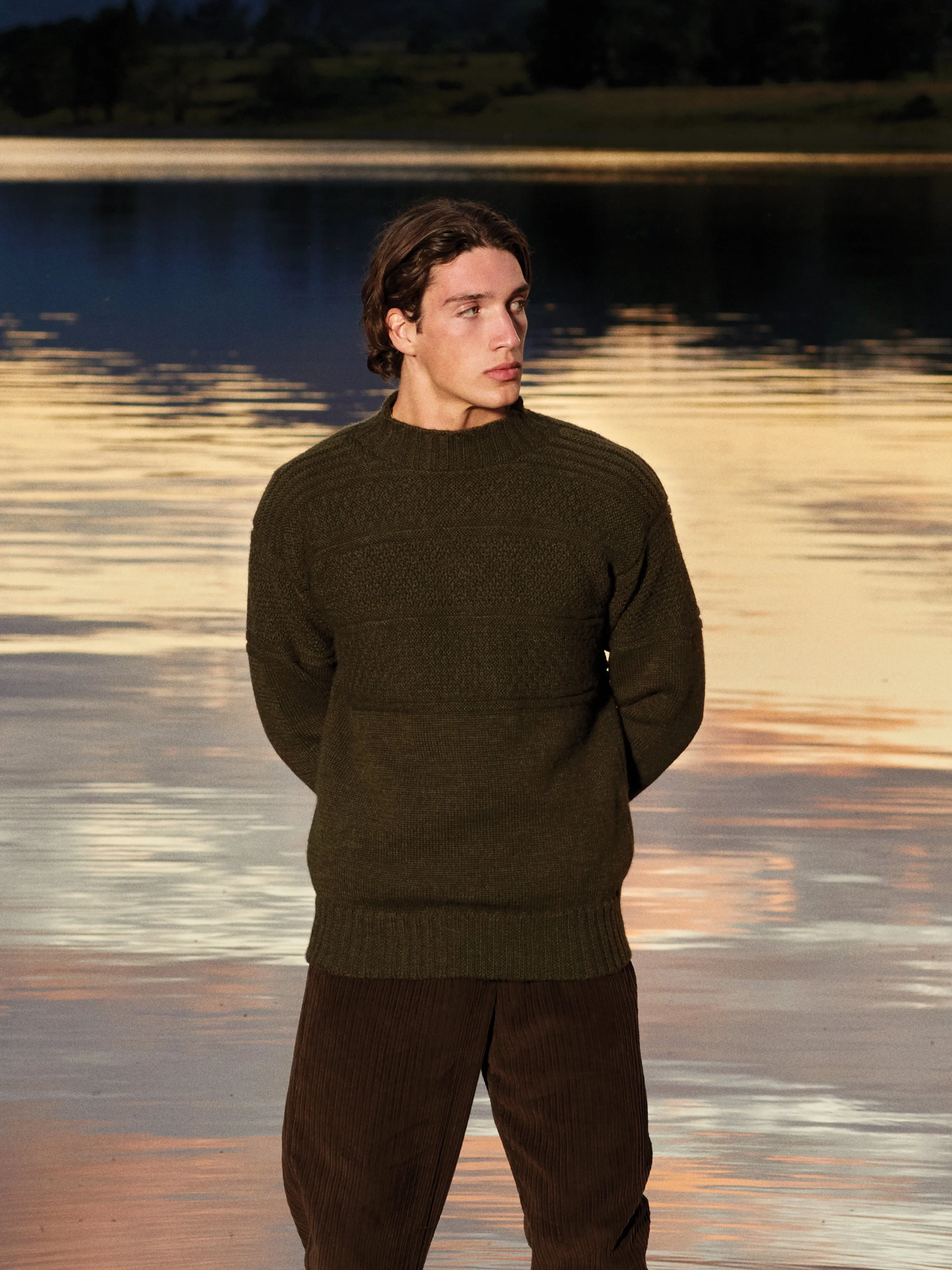 Fife Gansey Knit in Dark Olive Merino Wool