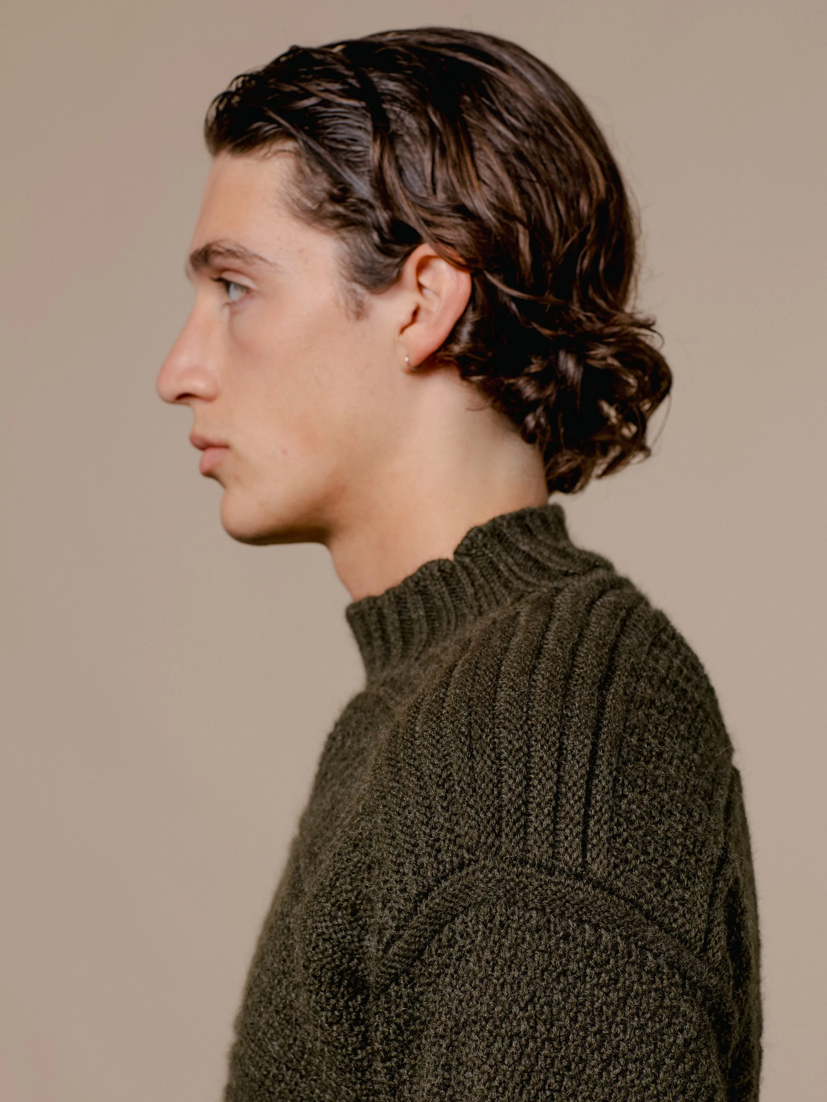 Fife Gansey Knit in Dark Olive Merino Wool