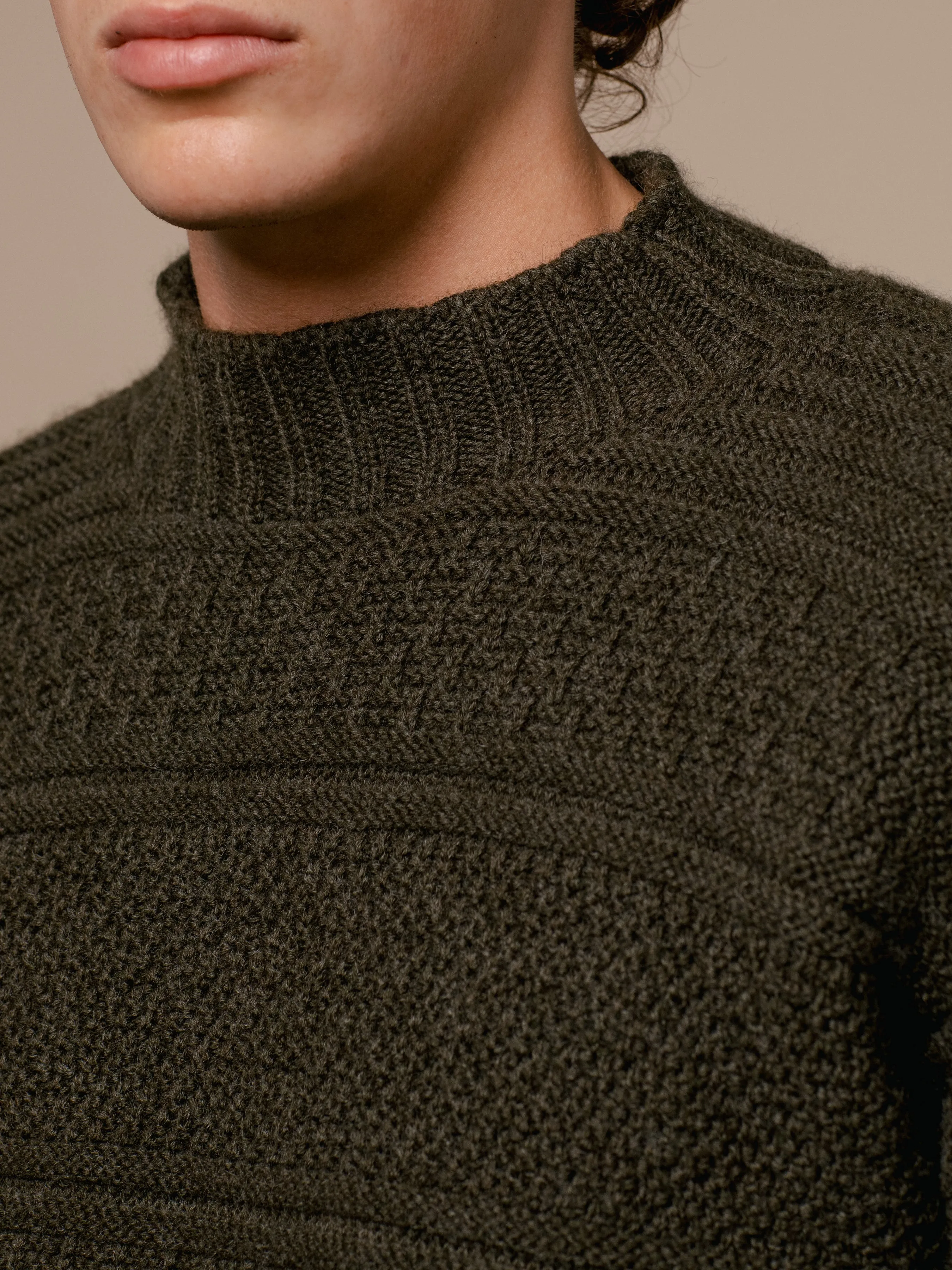 Fife Gansey Knit in Dark Olive Merino Wool