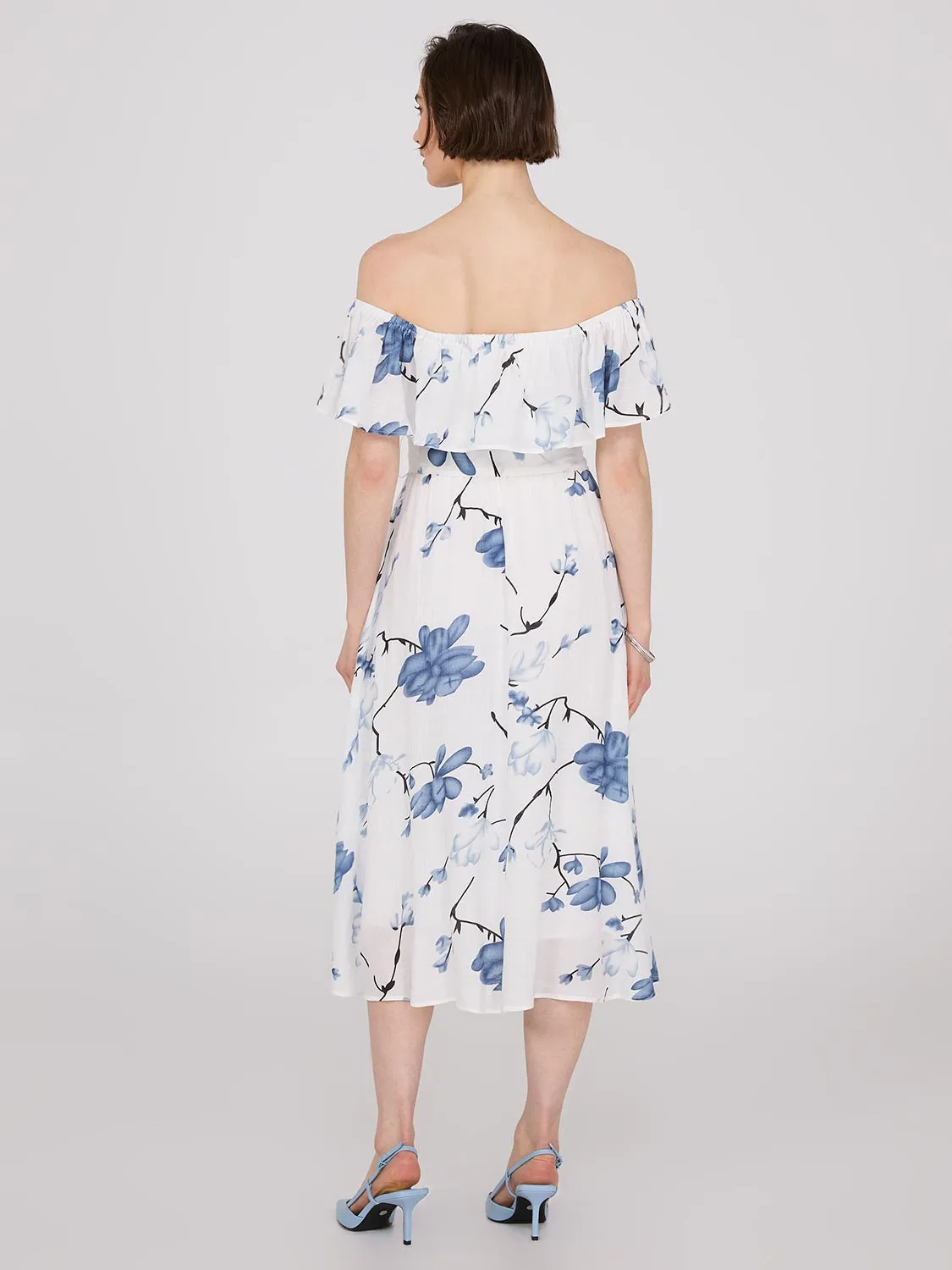 Floral Print Off-The-Shoulder A-Line Midi Dress