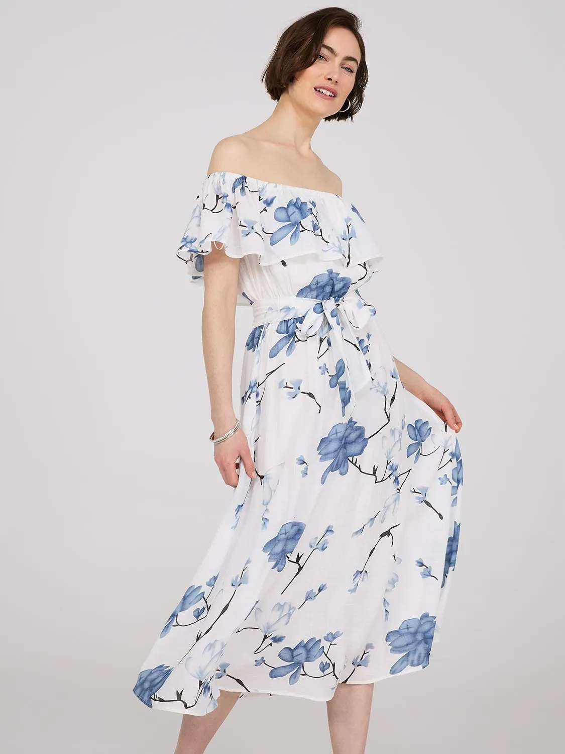 Floral Print Off-The-Shoulder A-Line Midi Dress