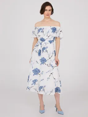 Floral Print Off-The-Shoulder A-Line Midi Dress