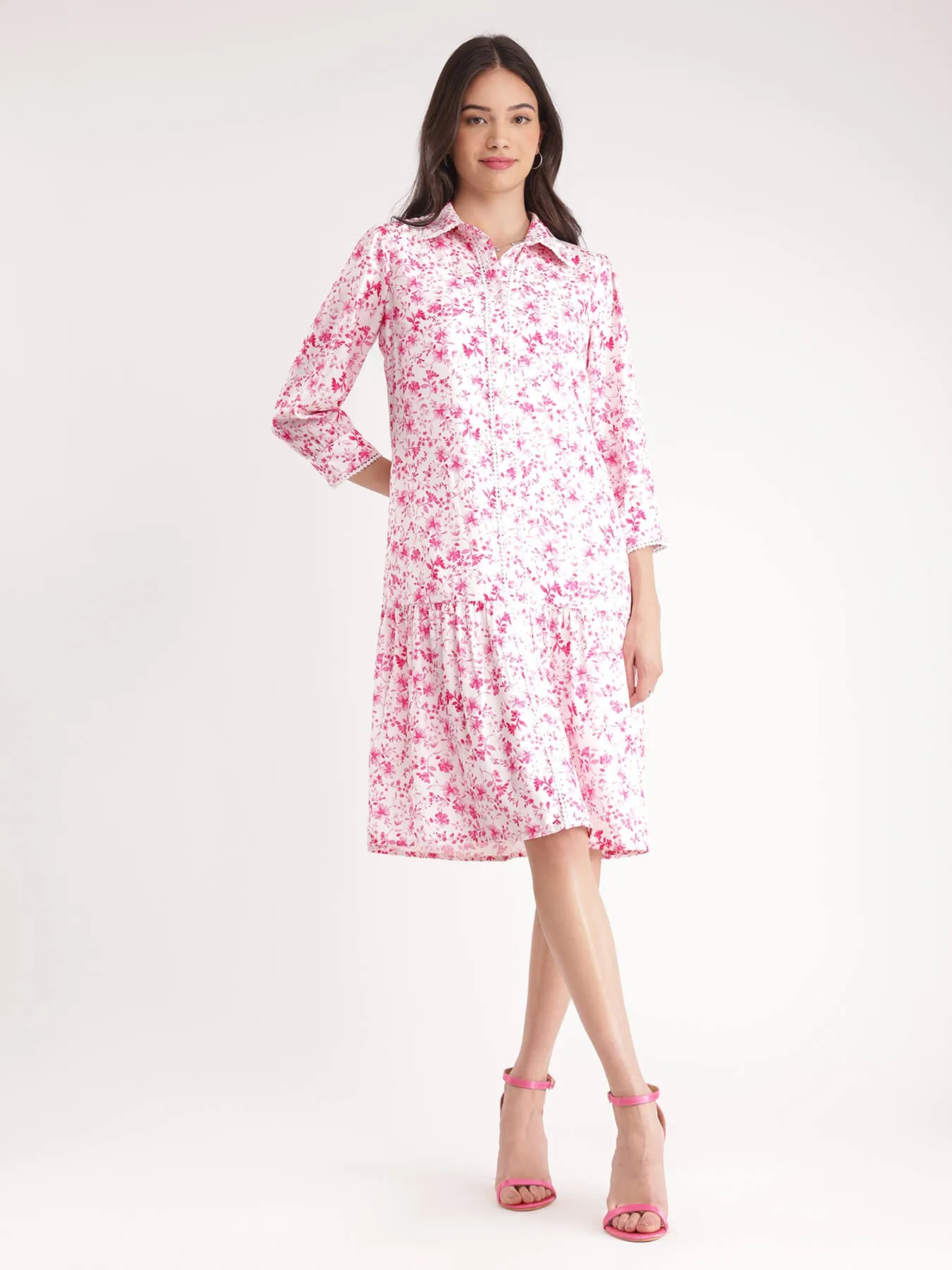 Floral Shirt Dress - White