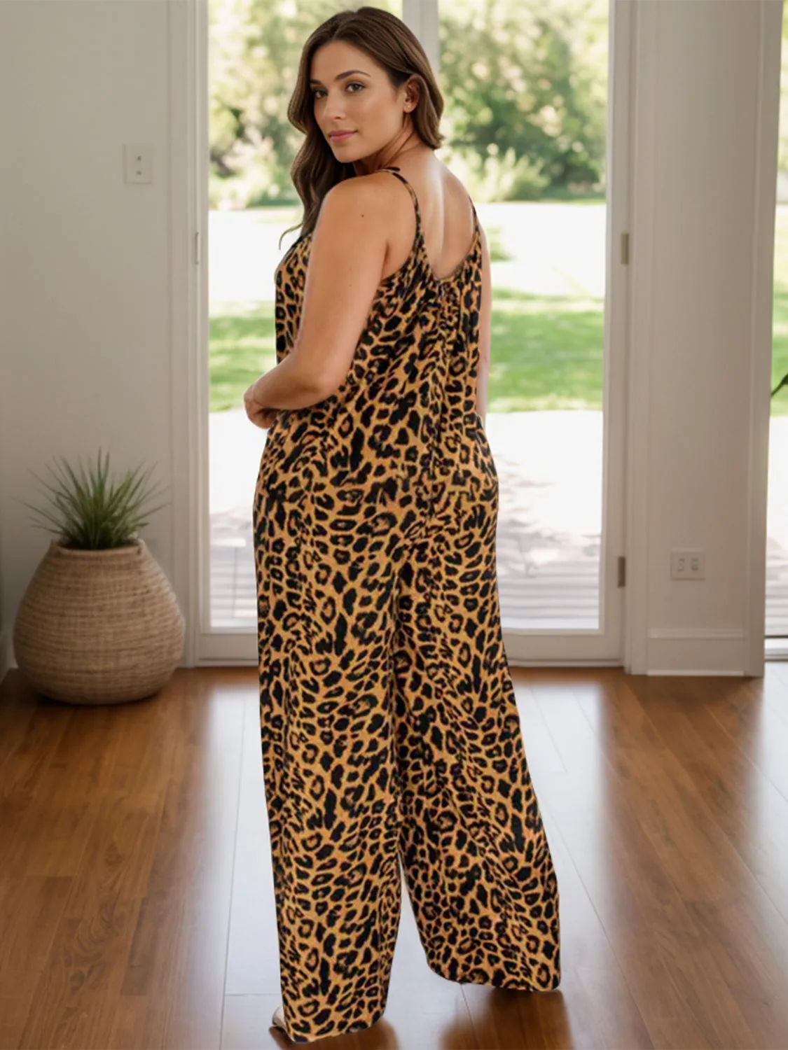 Full Size Leopard Scoop Neck Wide Leg Jumpsuit