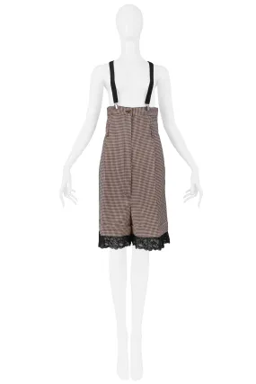 GAULTIER BROWN CHECK HIGH WAISTED SUSPENDER SHORTS