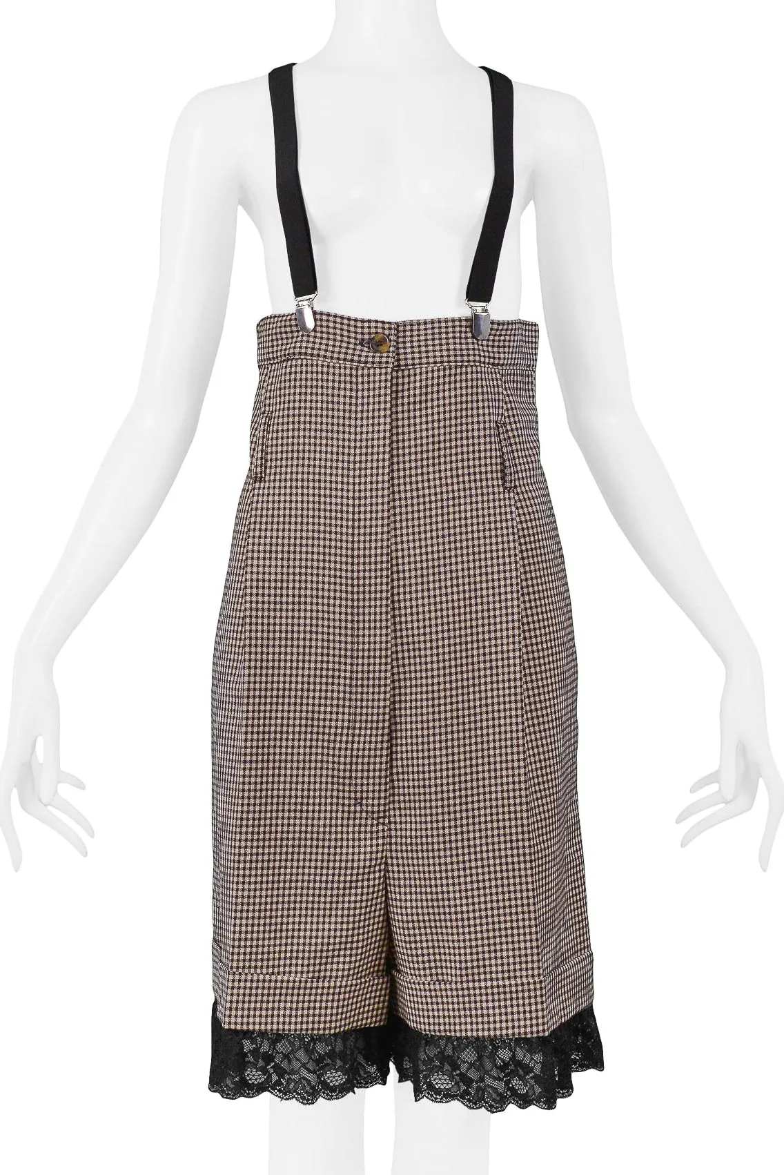 GAULTIER BROWN CHECK HIGH WAISTED SUSPENDER SHORTS