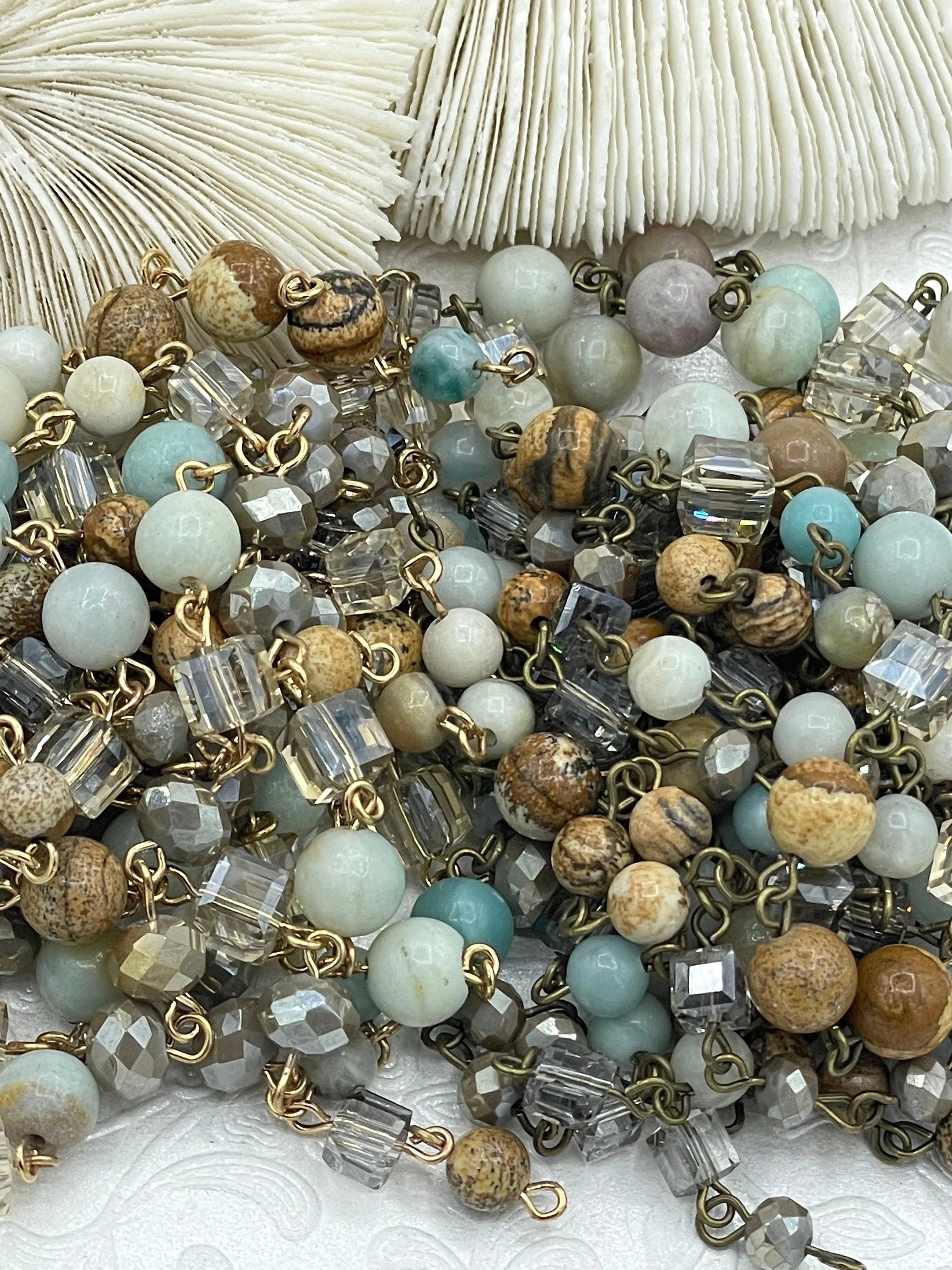 Gemstone Crystal Mix Rosary Chain, Picture Jasper, Amazonite, Crystal. Bronze or Gold. Round, cube and rondelle beads 1 Meter (39")Fast Ship