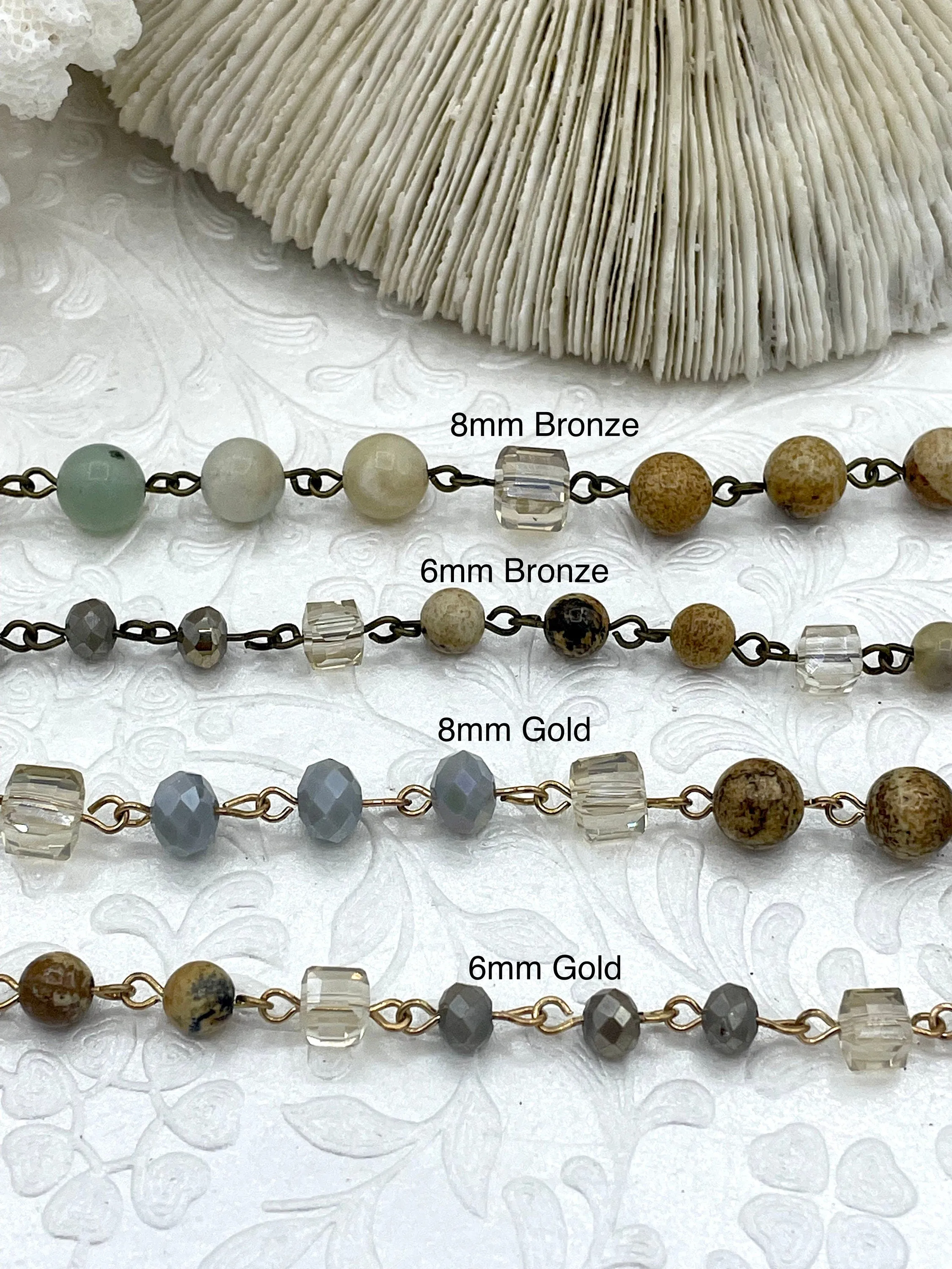 Gemstone Crystal Mix Rosary Chain, Picture Jasper, Amazonite, Crystal. Bronze or Gold. Round, cube and rondelle beads 1 Meter (39")Fast Ship