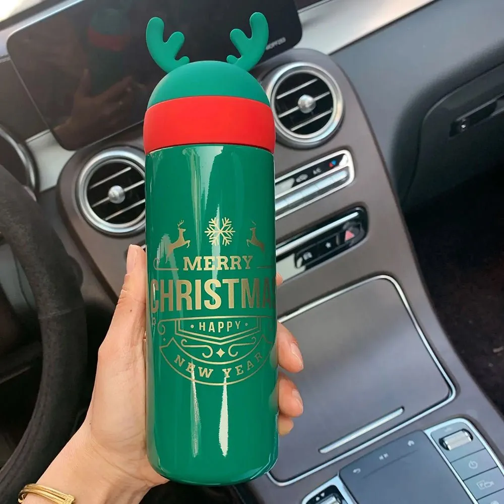 Green Reindeer Antler Stainless Steel sleek Christmas Water Bottle for Kids, 330 ml