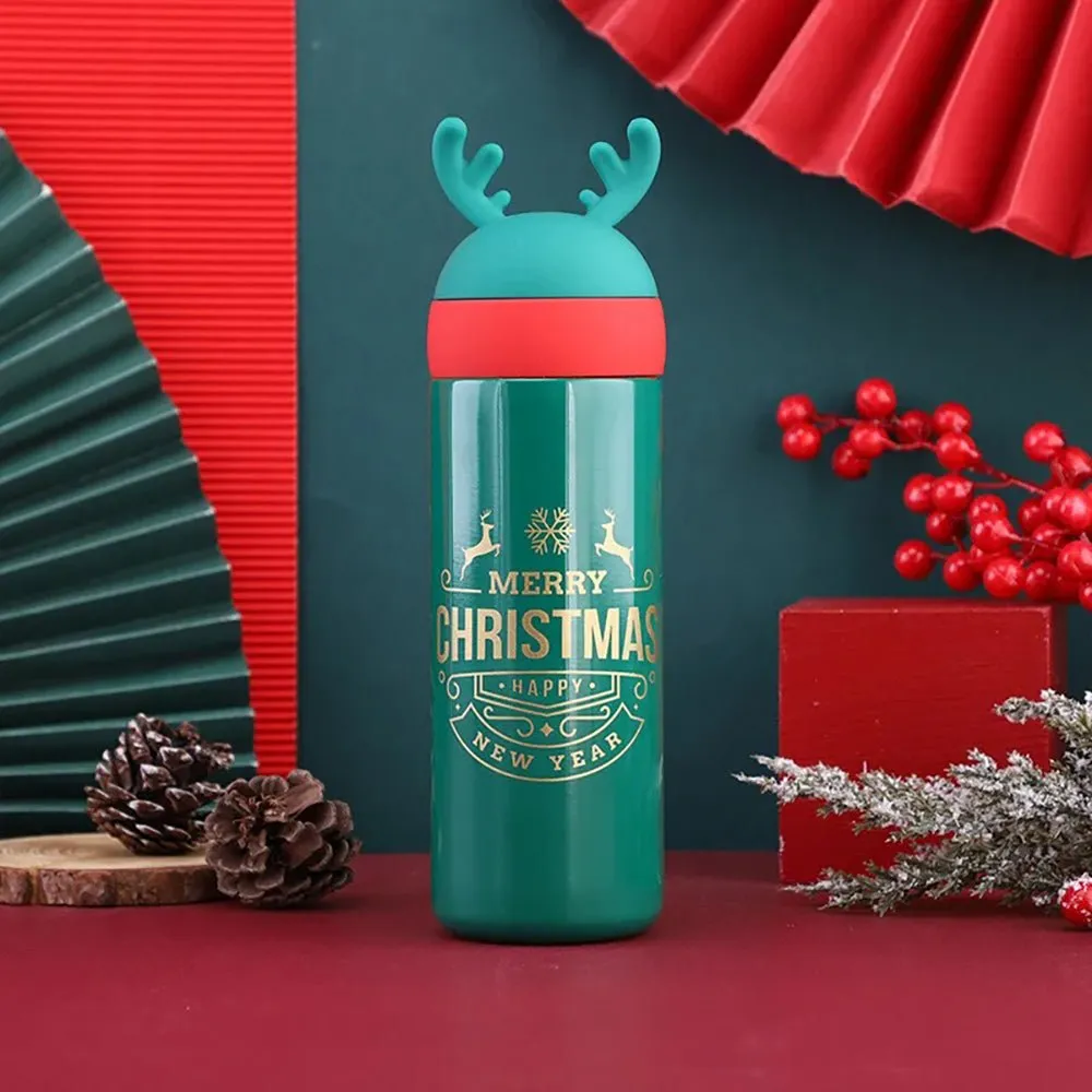 Green Reindeer Antler Stainless Steel sleek Christmas Water Bottle for Kids, 330 ml