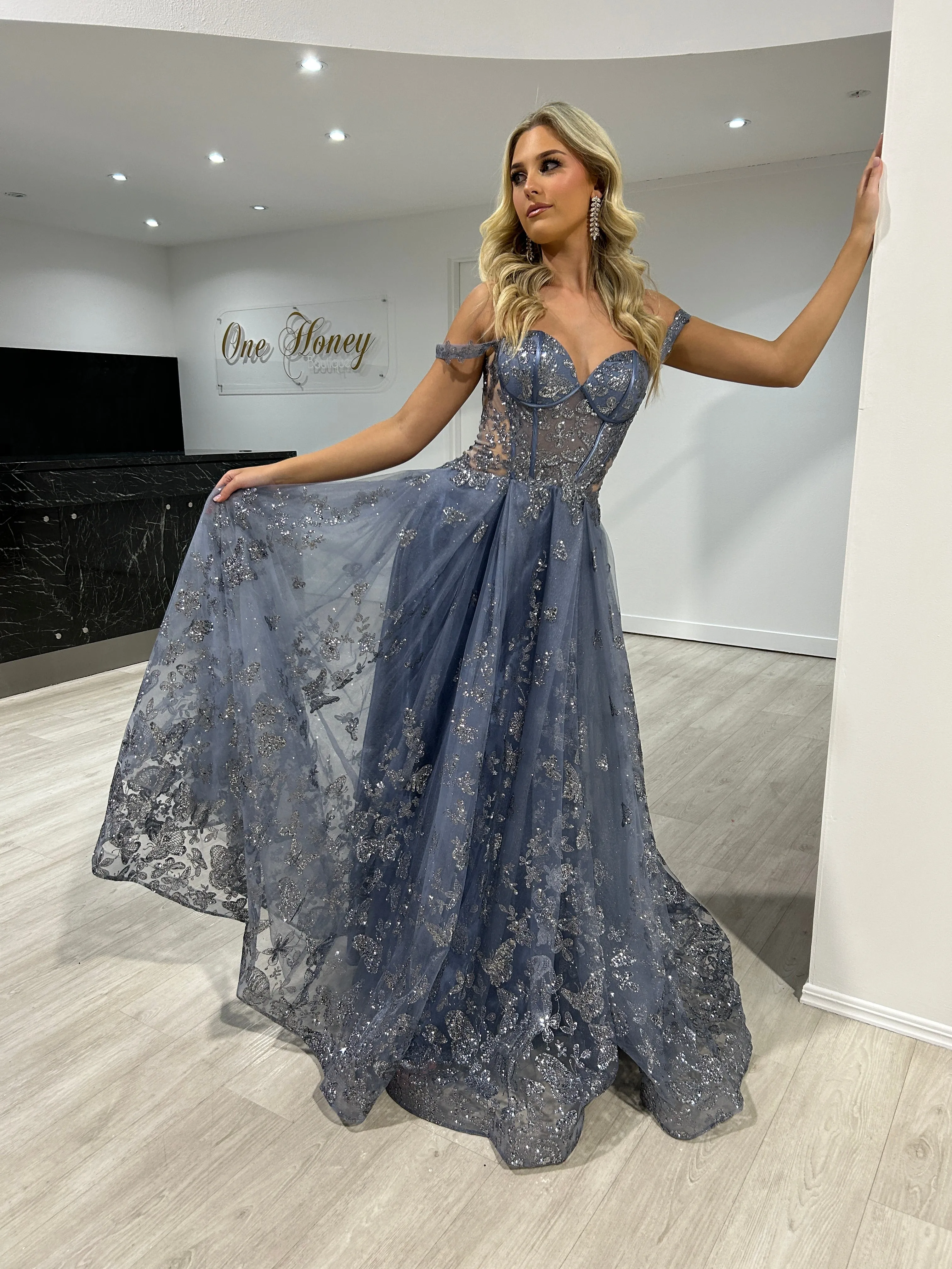 Honey Couture MIST Smokey Blue Glitter Off The Shoulder A-Line Formal Dress