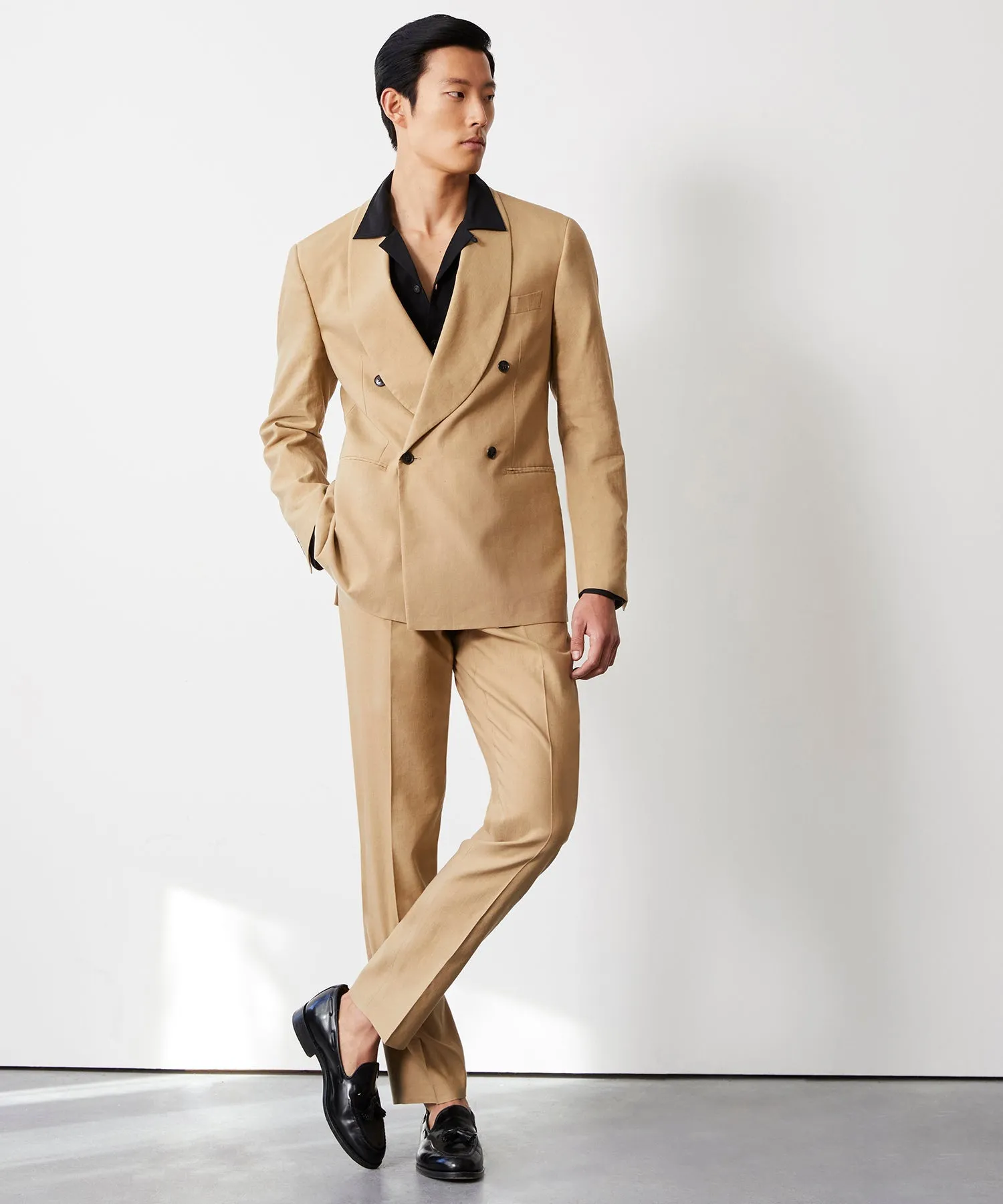 Italian Cotton Silk Double Breasted Shawl Tuxedo Jacket in Sand