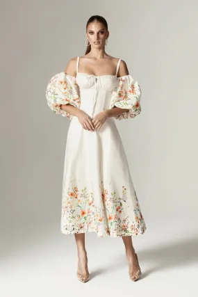 Jacquelyn Puff Sleeve Midi Dress (Floral Print)