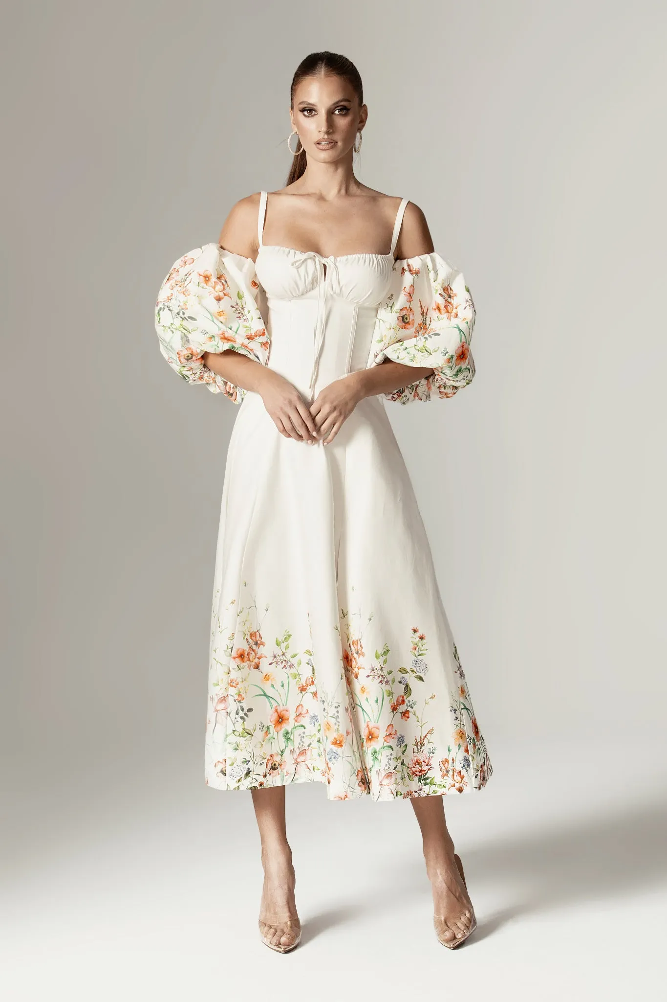 Jacquelyn Puff Sleeve Midi Dress (Floral Print)