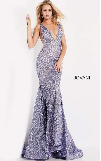 Jovani Plunging Neckline Open Back Cut Out Sequins Gown