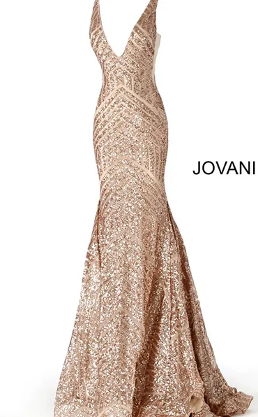 Jovani Plunging Neckline Open Back Cut Out Sequins Gown