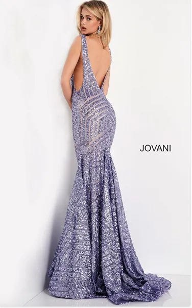 Jovani Plunging Neckline Open Back Cut Out Sequins Gown