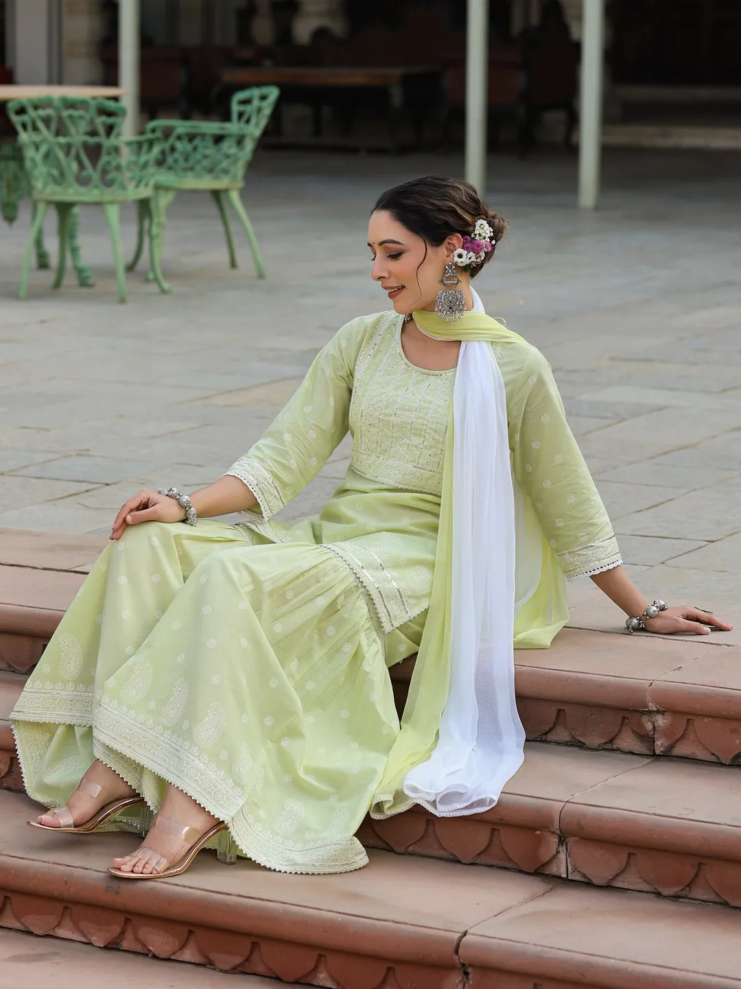 Juniper Lime Green Ethnic Motif Print Pure Cotton Lacy Kurta Sharara & Dupatta Set With Beads & Sequins Work