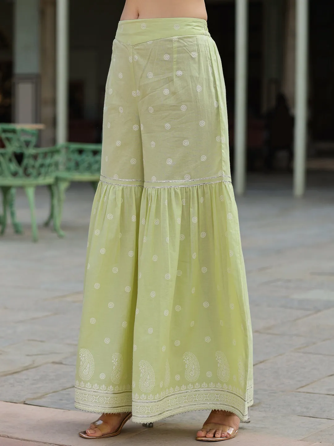 Juniper Lime Green Ethnic Motif Print Pure Cotton Lacy Kurta Sharara & Dupatta Set With Beads & Sequins Work