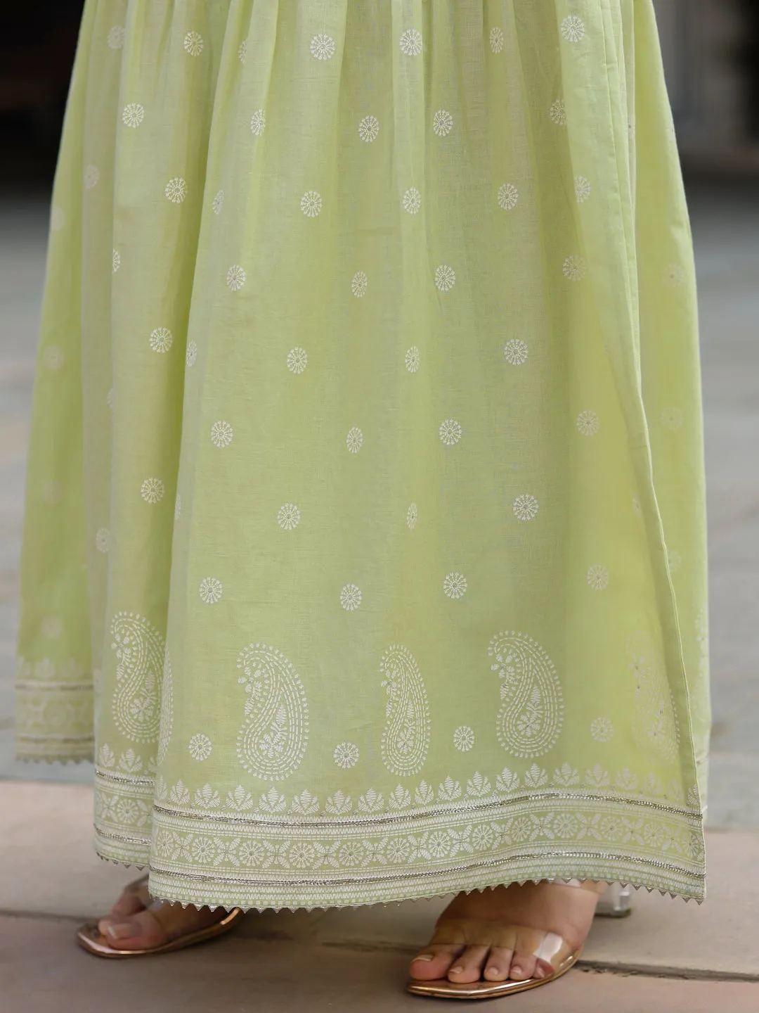 Juniper Lime Green Ethnic Motif Print Pure Cotton Lacy Kurta Sharara & Dupatta Set With Beads & Sequins Work