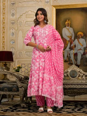 Juniper Pink Floral Printed Rayon Kurta Set With Thread & Mirror Work