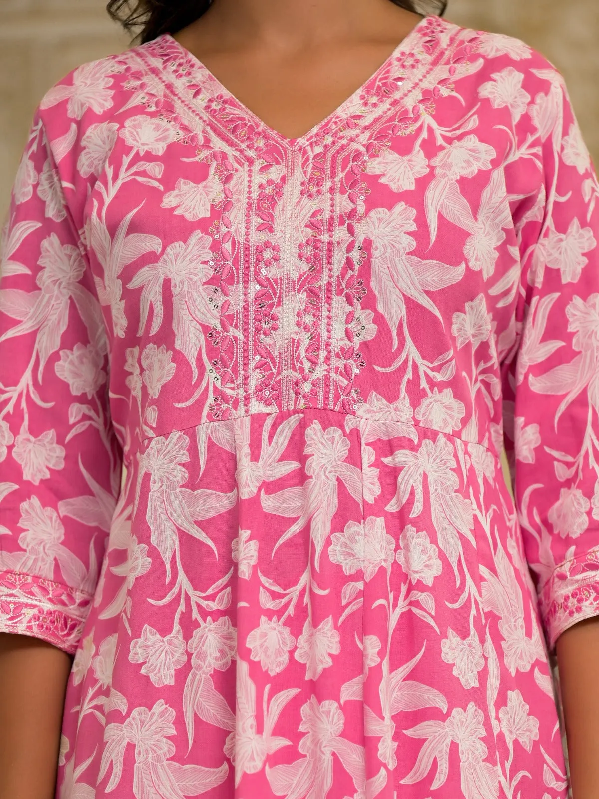 Juniper Pink Floral Printed Rayon Kurta Set With Thread & Mirror Work