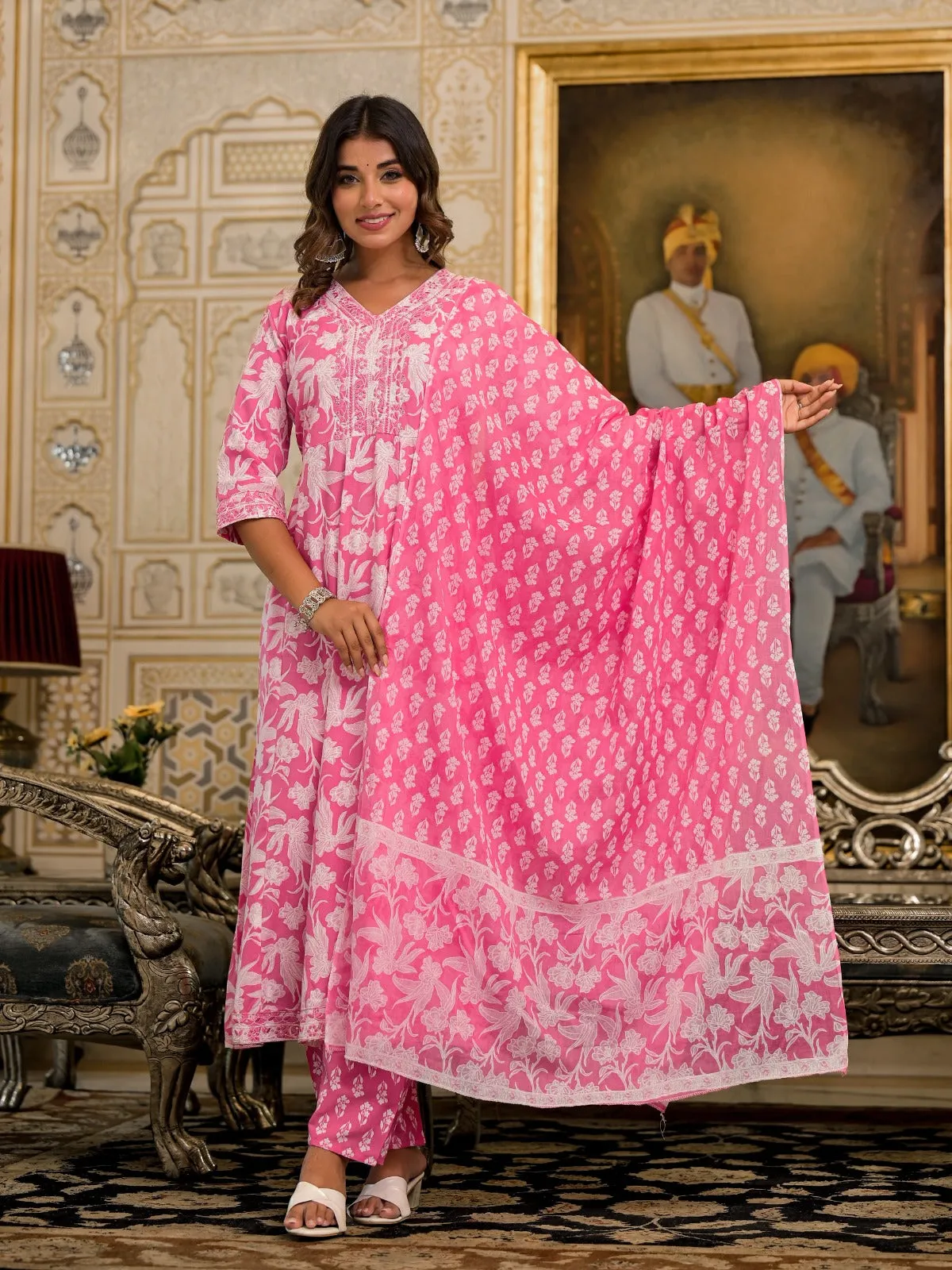 Juniper Pink Floral Printed Rayon Kurta Set With Thread & Mirror Work